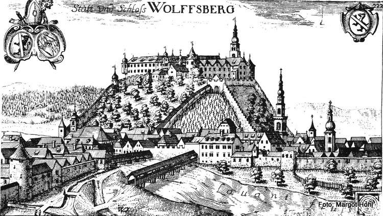 Stadt und Schloss Wolfsberg vor dem Umbau zum heutigen Ausehen.